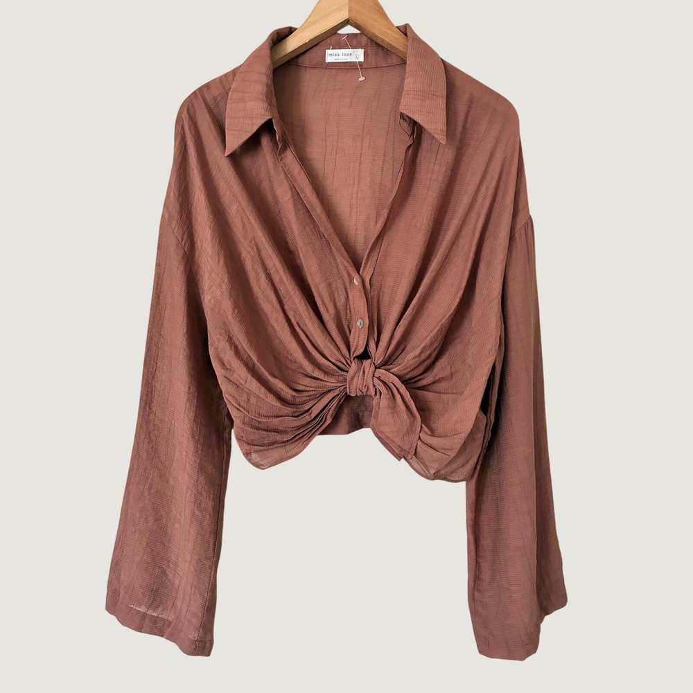 Miss Love Fall Mauve Terracotta Front Tie Crop Top Blouse Long Sleeve Large Boho
